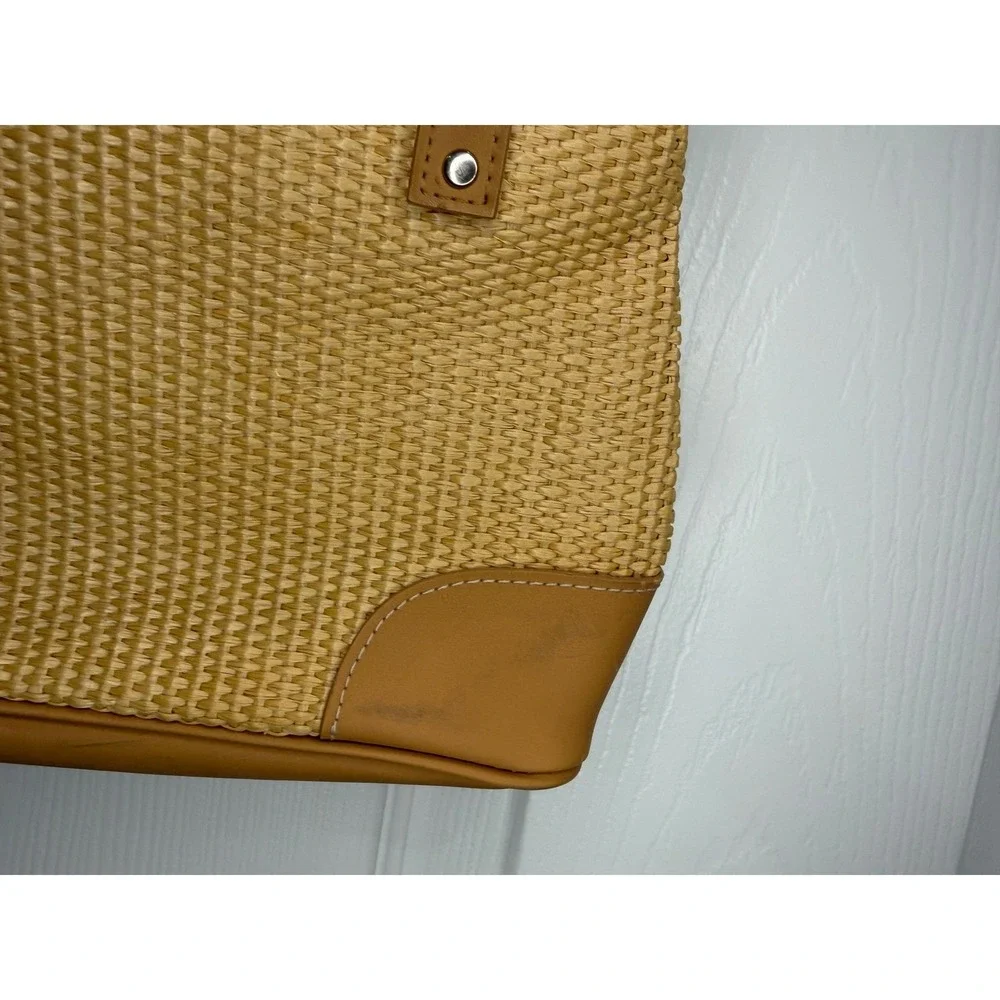 Nine West Straw Woven Tote Handbag Crossbody Bag Tan Leather‎ Trim